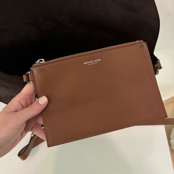 Michael Kors Collection Sedona Large Suede Flap Messenger Bag Tan Brown - Picture 11 of 14